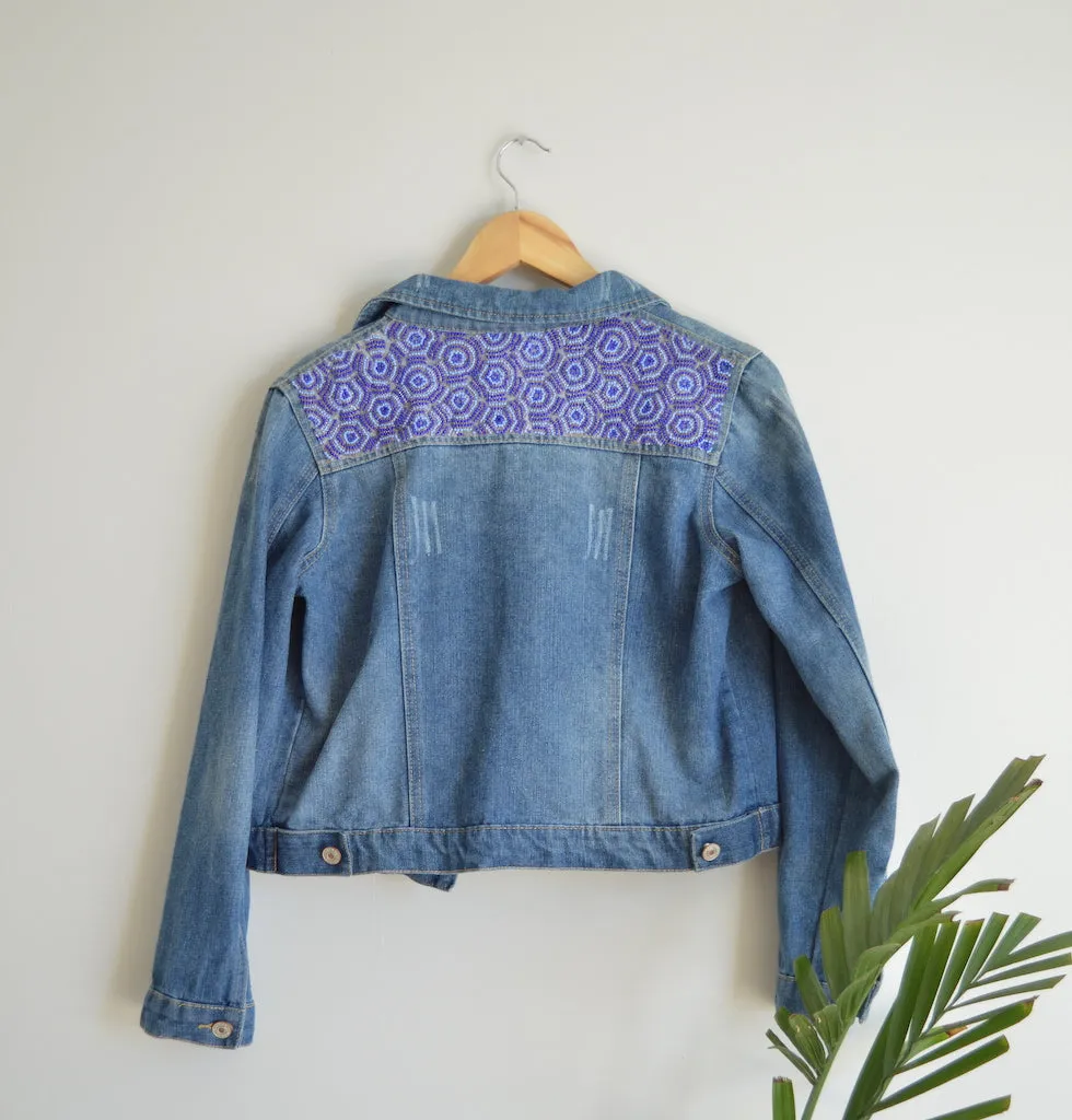 Up-Cycled Geometric Beaded Denim Jacket | L