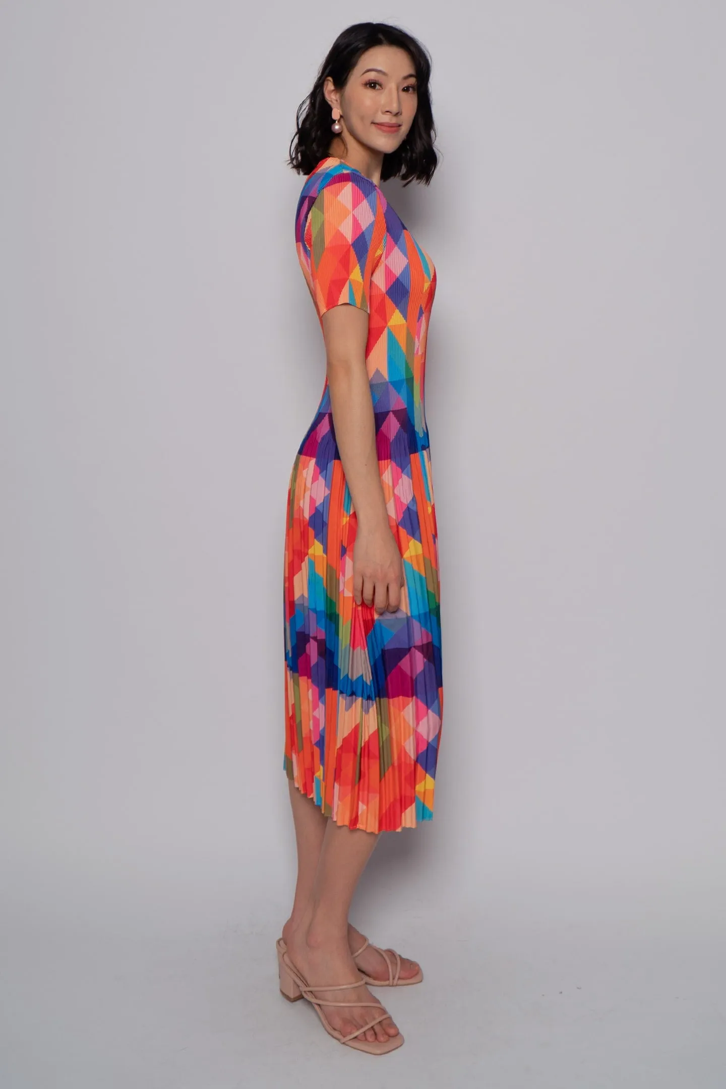 Voon Pleated Dress in Rainbow Geometric