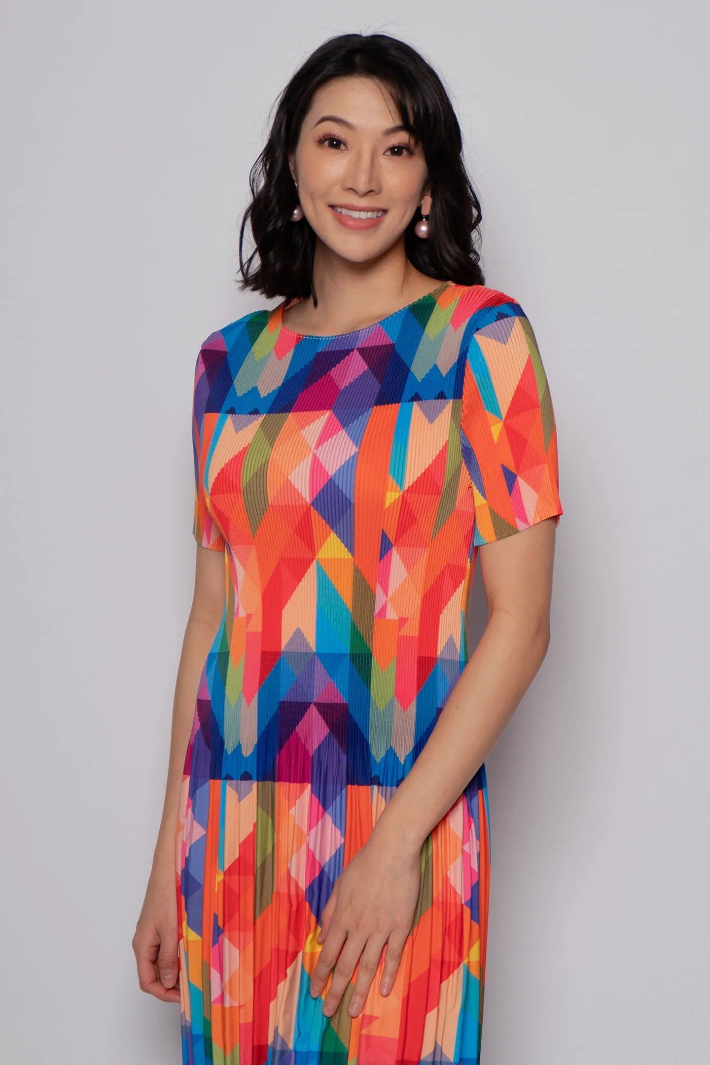 Voon Pleated Dress in Rainbow Geometric