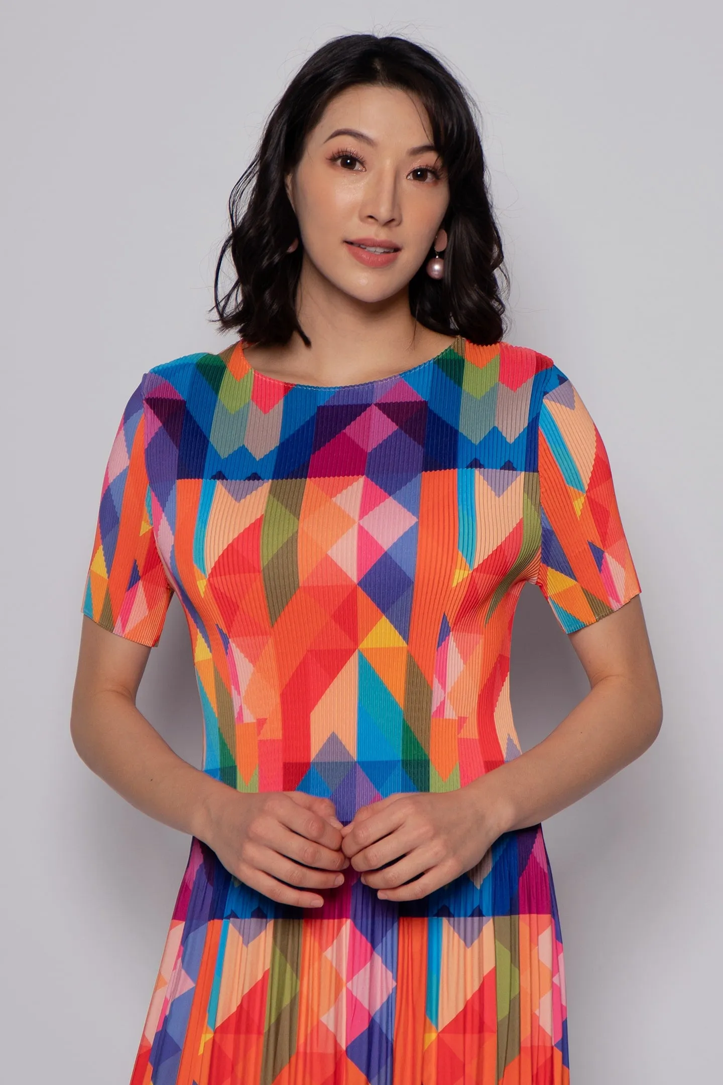 Voon Pleated Dress in Rainbow Geometric