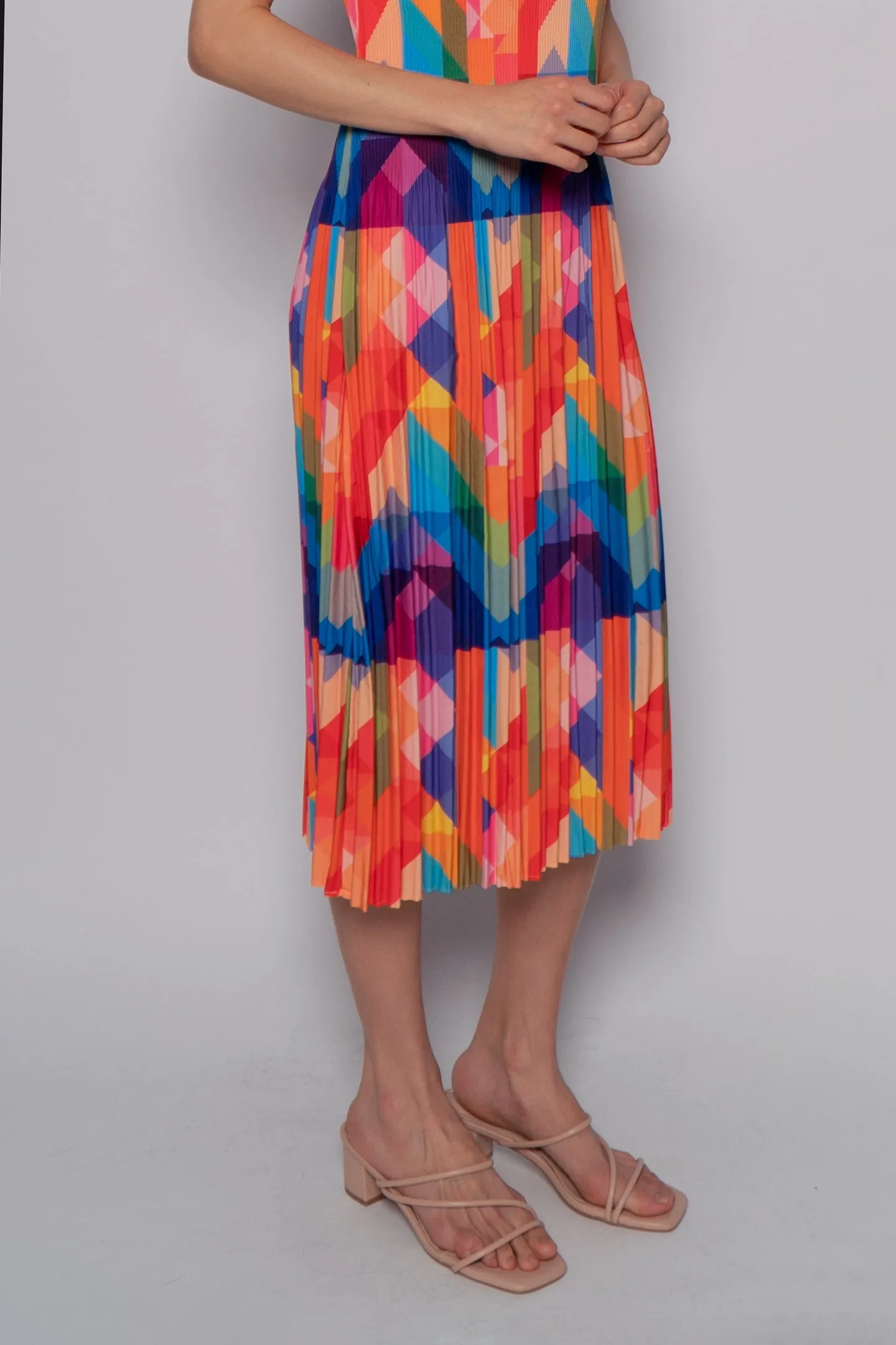 Voon Pleated Dress in Rainbow Geometric