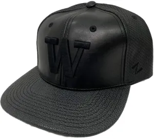 Washington Huskies Zephyr Black Faux Leather with Textured Flat Bill Adj Hat Cap