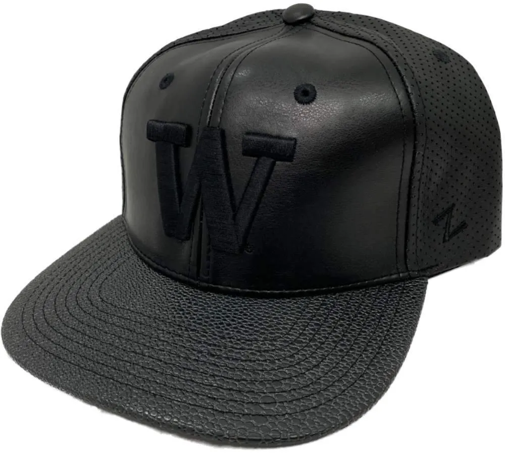 Washington Huskies Zephyr Black Faux Leather with Textured Flat Bill Adj Hat Cap