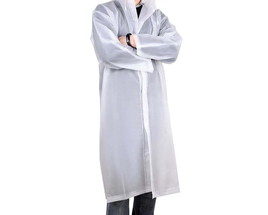 Waterproof Long Raincoat with Cap and Sleeves - White