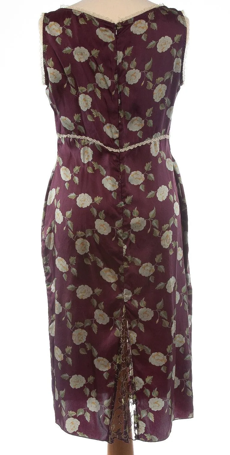 Whistles Silk Dress with Lace Panels Burgundy with Green Flowers UK 14