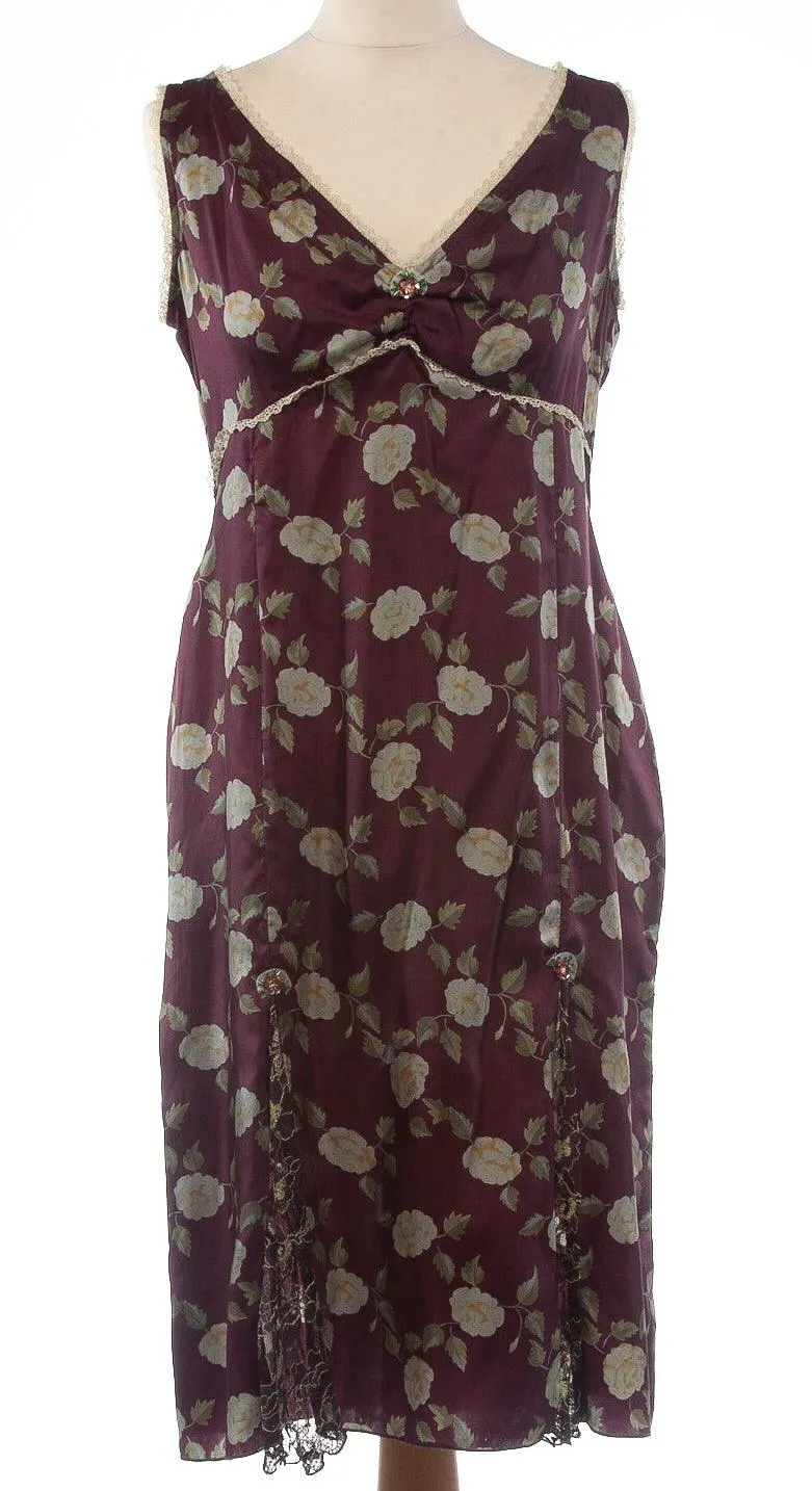 Whistles Silk Dress with Lace Panels Burgundy with Green Flowers UK 14