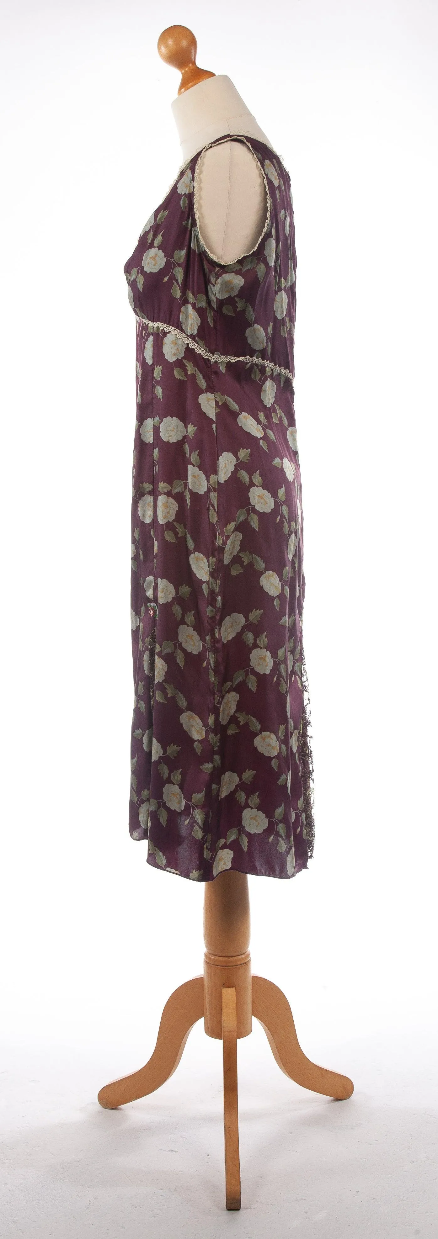 Whistles Silk Dress with Lace Panels Burgundy with Green Flowers UK 14