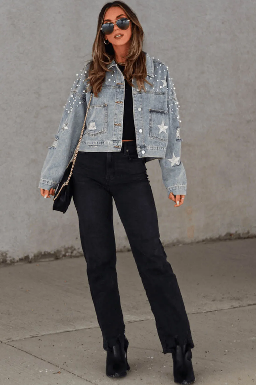 Wholesale Sky Blue Distressed Pearls Star Cropped Denim Jacket