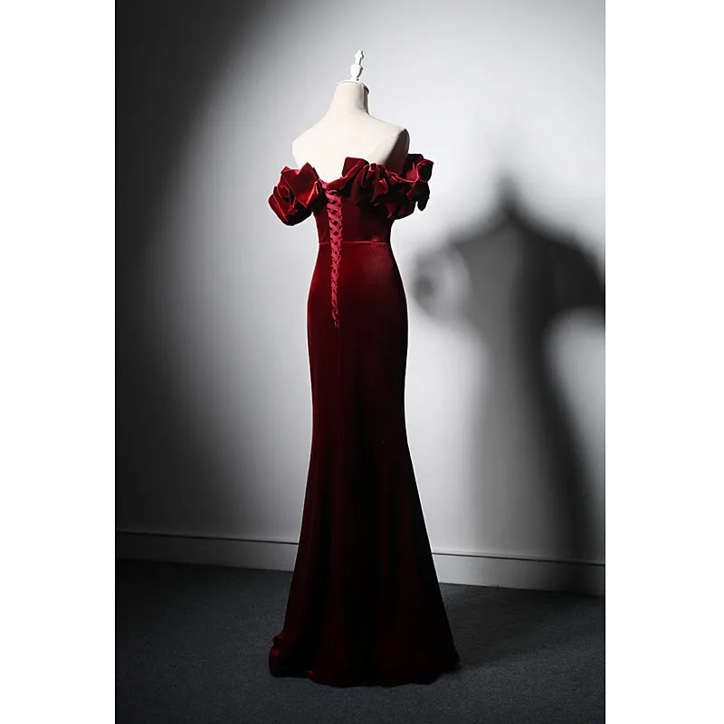 Wine Red Velvet Off Shoulder Mermaid Long Prom Dress, Long Lace-up Evening Dress