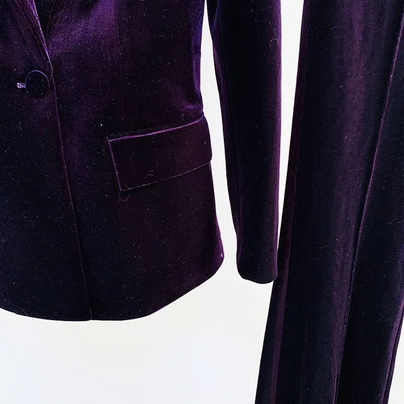 Women Velvet Dark Purple Blazer   Flare Trousers Suit