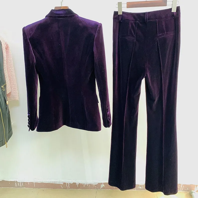 Women Velvet Dark Purple Blazer   Flare Trousers Suit