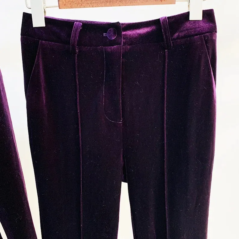 Women Velvet Dark Purple Blazer   Flare Trousers Suit