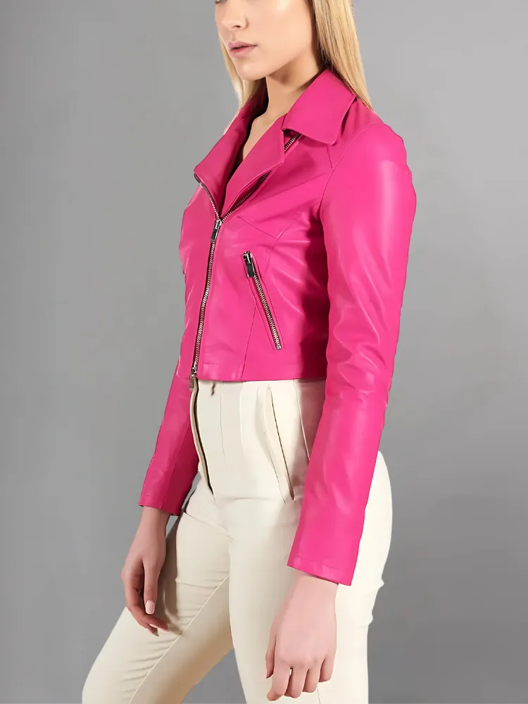 Womens Fuchsia natural Sheep leather cropped jacket perfecto