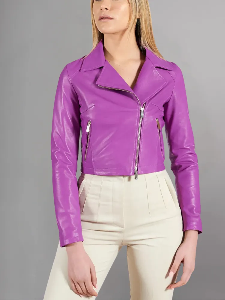 Womens Fuchsia natural Sheep leather cropped jacket perfecto