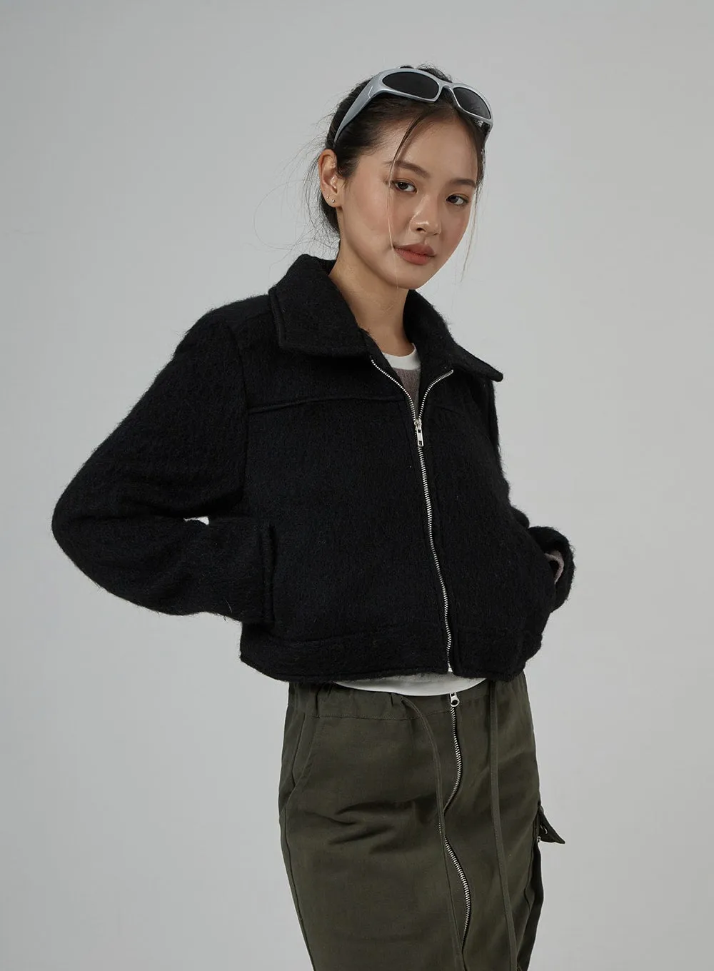 Wool Blend Zipper Cropped Jacket CD29