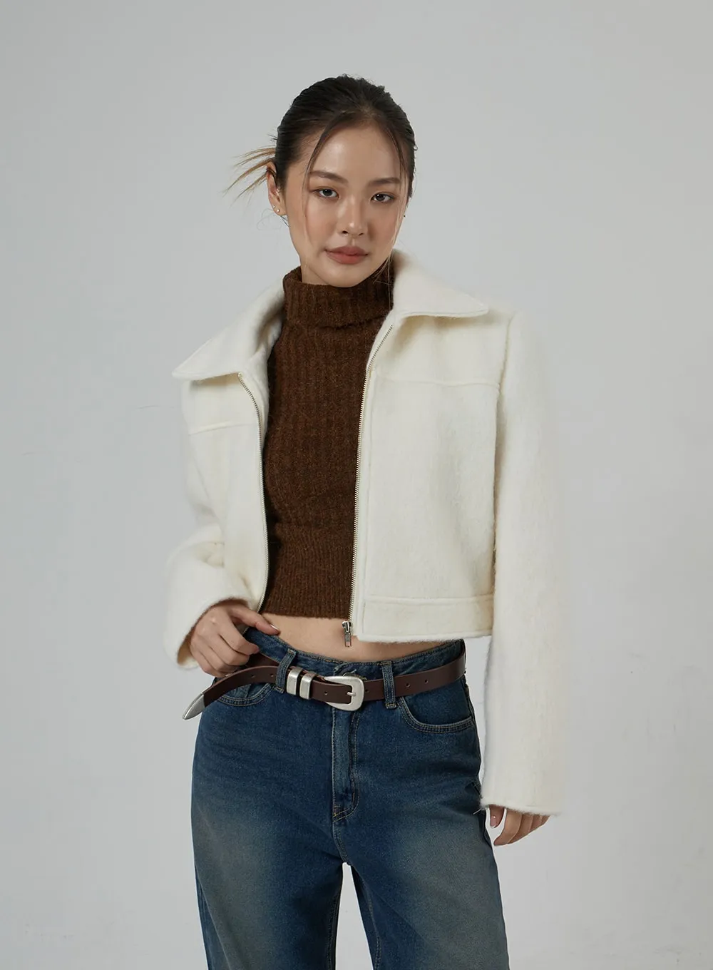 Wool Blend Zipper Cropped Jacket CD29