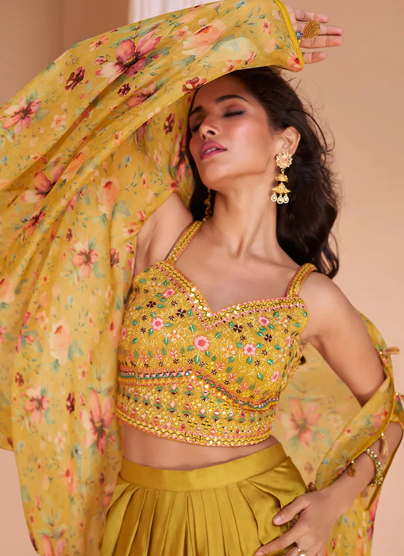 Yellow Mirror Work Embroidered Cape Style Co-Ord Dhoti Set