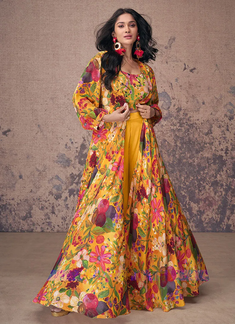 Yellow Multicoloured Sequence Embroidery Indo Western Palazzo