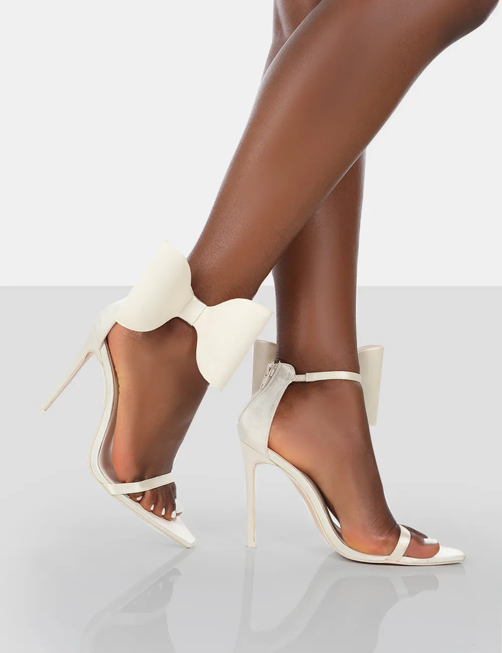 Zeal Off White Satin Strappy Bow Ankle Detail Stiletto Heels